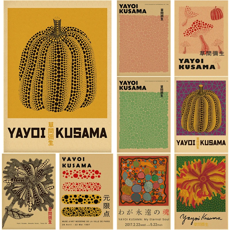 Vintage Fashion Wallpaper - Yayoi kusama展示ポスター、カボチャドット、日本の芸術プリント、ヴィンテージホームルーム、バー、カフェの装飾、美的壁の絵