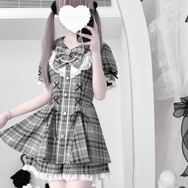 Vintage Fashion Japan - 和風ロリータ甘いドレスセット2026新作ヴィンテージチェック柄キュートなリボン付き半袖トップスJKカジュアルY2Kショートパンツ女の子可愛いセット