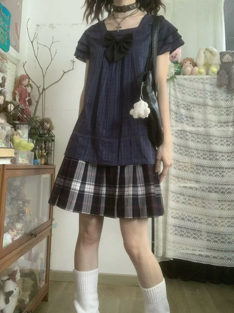 Vintage Fashion Japan - ヴィンテージ和風ツーピースセット女性カジュアル半袖ボウスクエアネックトップ + プリーツミニスカート原宿ストリートウェア