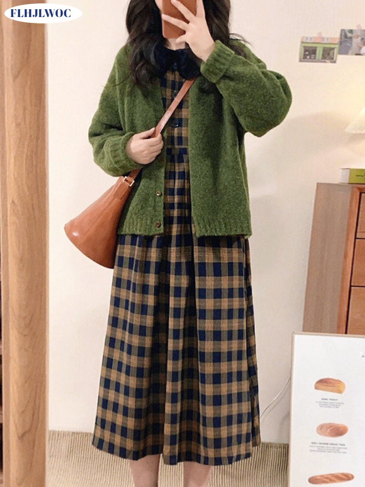 Vintage Fashion Korea - コットンチェックドレス,エレガント,韓国ファッション,日本のスモリ,レトロ,ヴィンテージ,ロングシャツ,2023