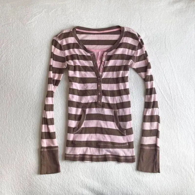Vintage Fashion Korea - 冬用Tシャツ ストライプ フェイク2ピース スリム Y2K ヴィンテージ