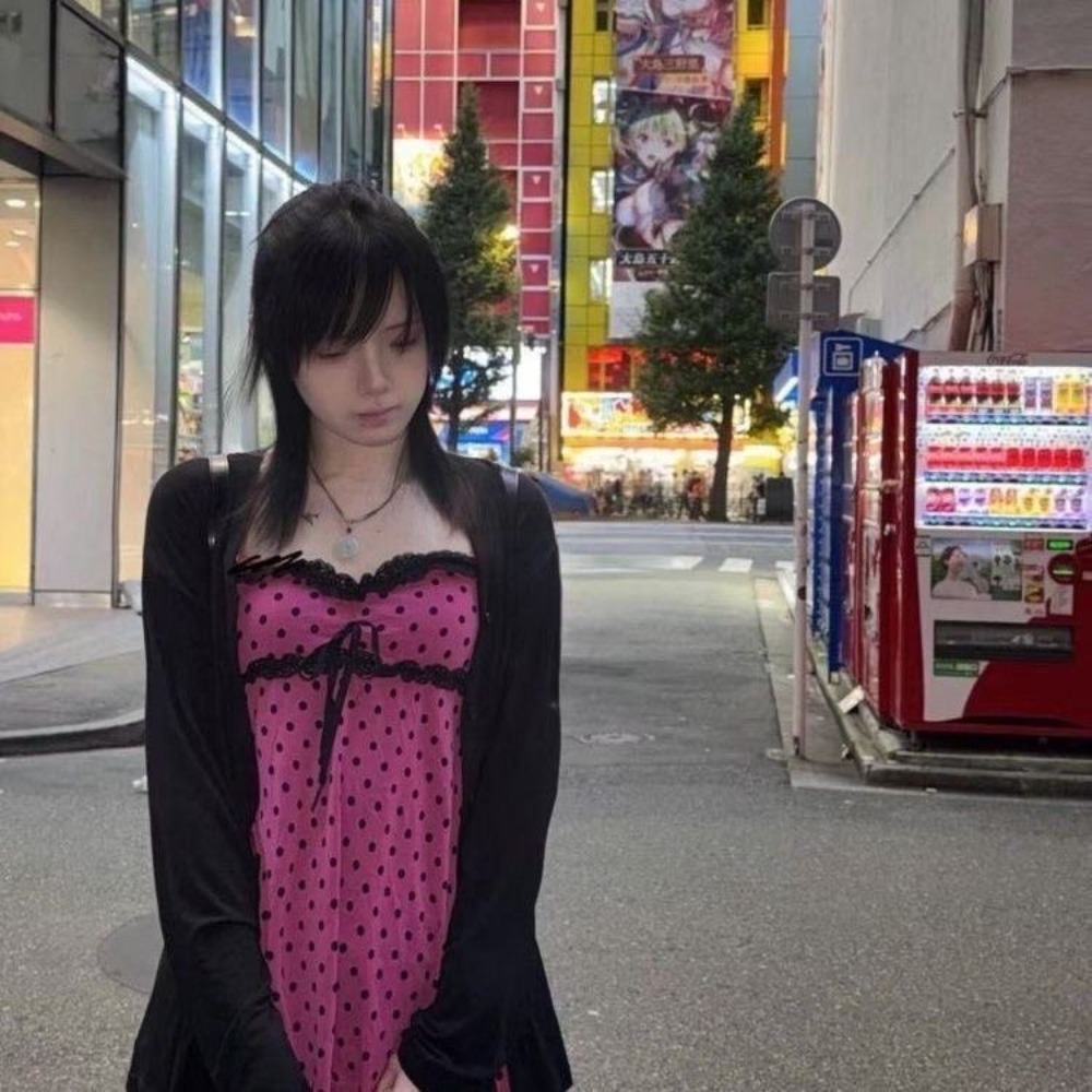 Vintage Fashion Japan - 和菓子 2 点セット女性ポルカドットホルターベスト Y2k レースパッチワークトップスシックなカーディガン原宿ファッションヴィンテージ衣装