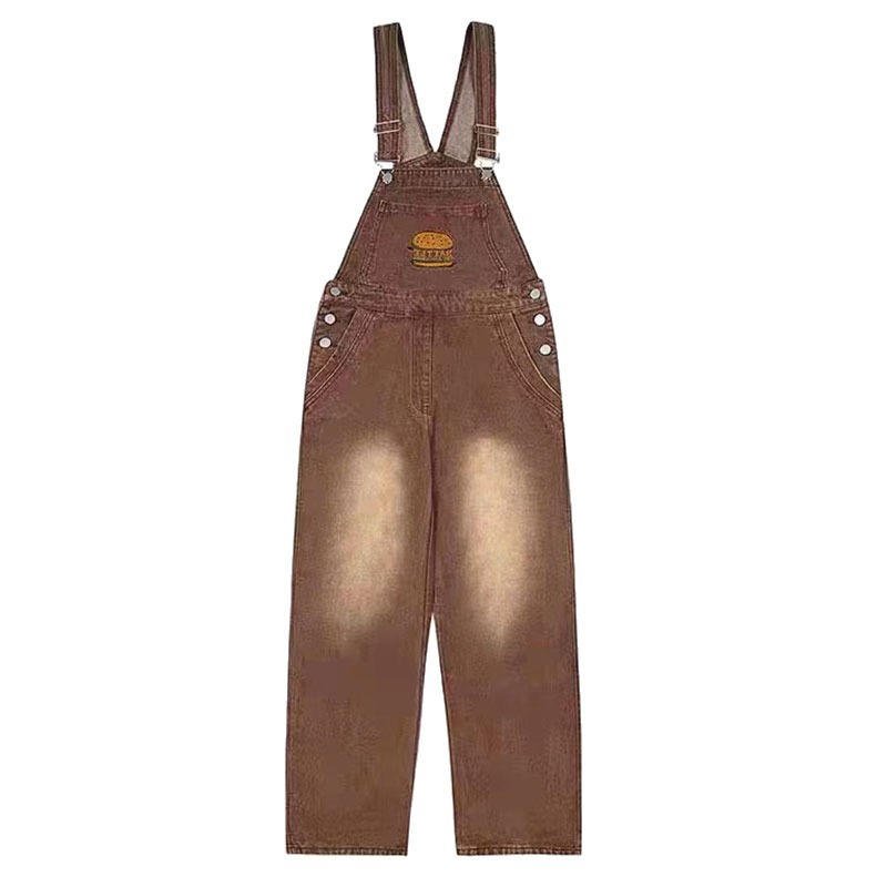 Vintage Fashion Hamburg - アメリカンヴィンテージブラウンデニムサスペンダーパンツ女性ハンブルク刺繍ルーズストレートオーバーオールファッショントレンドジャンプスーツ