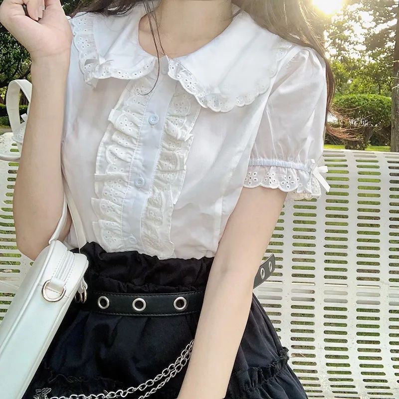Vintage Fashion Japan - Deeptown かわいいロリータブラウス白人女性かわいいレーストップスフリルシャツヴィンテージパフスリーブ日本のプレッピースタイル甘いトップス
