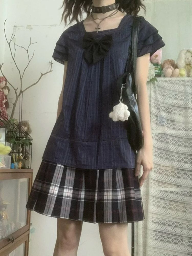 ヴィンテージ和風ツーピースセット女性カジュアル半袖ボウスクエ - Vintage Fashion Japan のレビューと価格