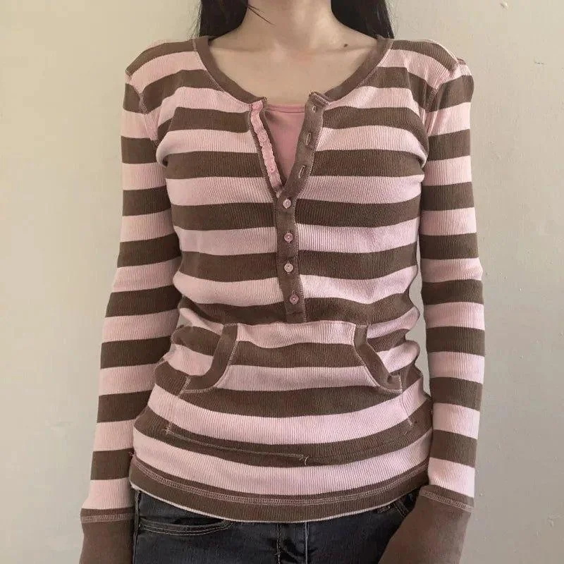 冬用Tシャツ ストライプ フェイク2ピース スリム Y2K  - Vintage Fashion Korea のレビューと価格