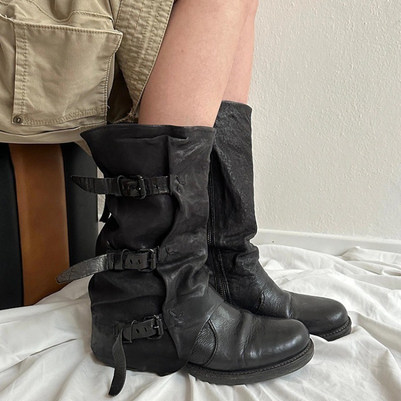 ブラックベルトバックルプリーツミッドカーフブーツラウンドトゥ - Vintage Zipper のレビューと価格