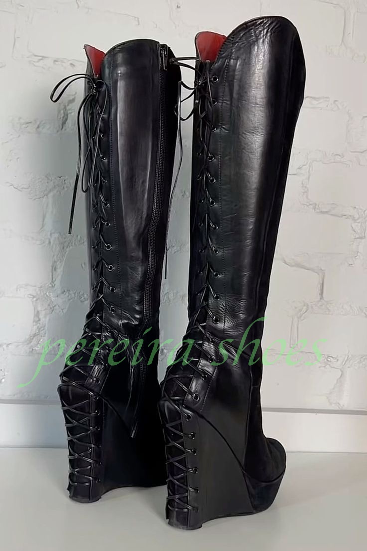 レディブラックプラットフォームウェッジヒールニーブーツヴィン - Vintage Zipper のレビューと価格