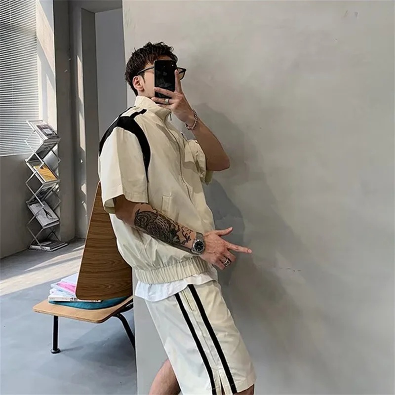 メンズカラーブロックトラックスーツ 夏用スタンドカラー半袖ジ - Vintage Zipper のレビューと価格